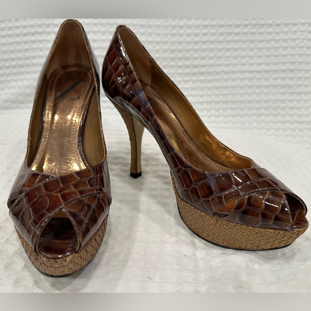 Sergio Zelcer Brown Alligator Peep Toe 4” Platform Heels~Woven Bottoms~Handmade